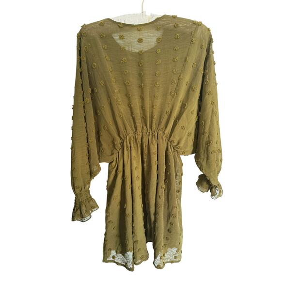 Dress Up Long Sleeve Jacquard Blouson Dress Green Dotted Flowy Boho Career Chic - Picture 3 of 7